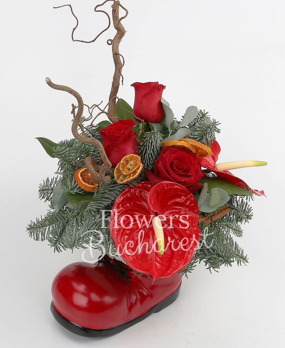 3 red roses, 2 red anthurium, corylus, dried orange slices, globes, greenery