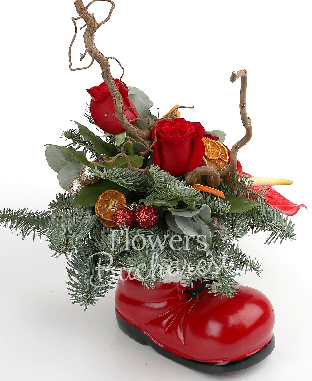 3 red roses, 2 red anthurium, corylus, dried orange slices, globes, greenery