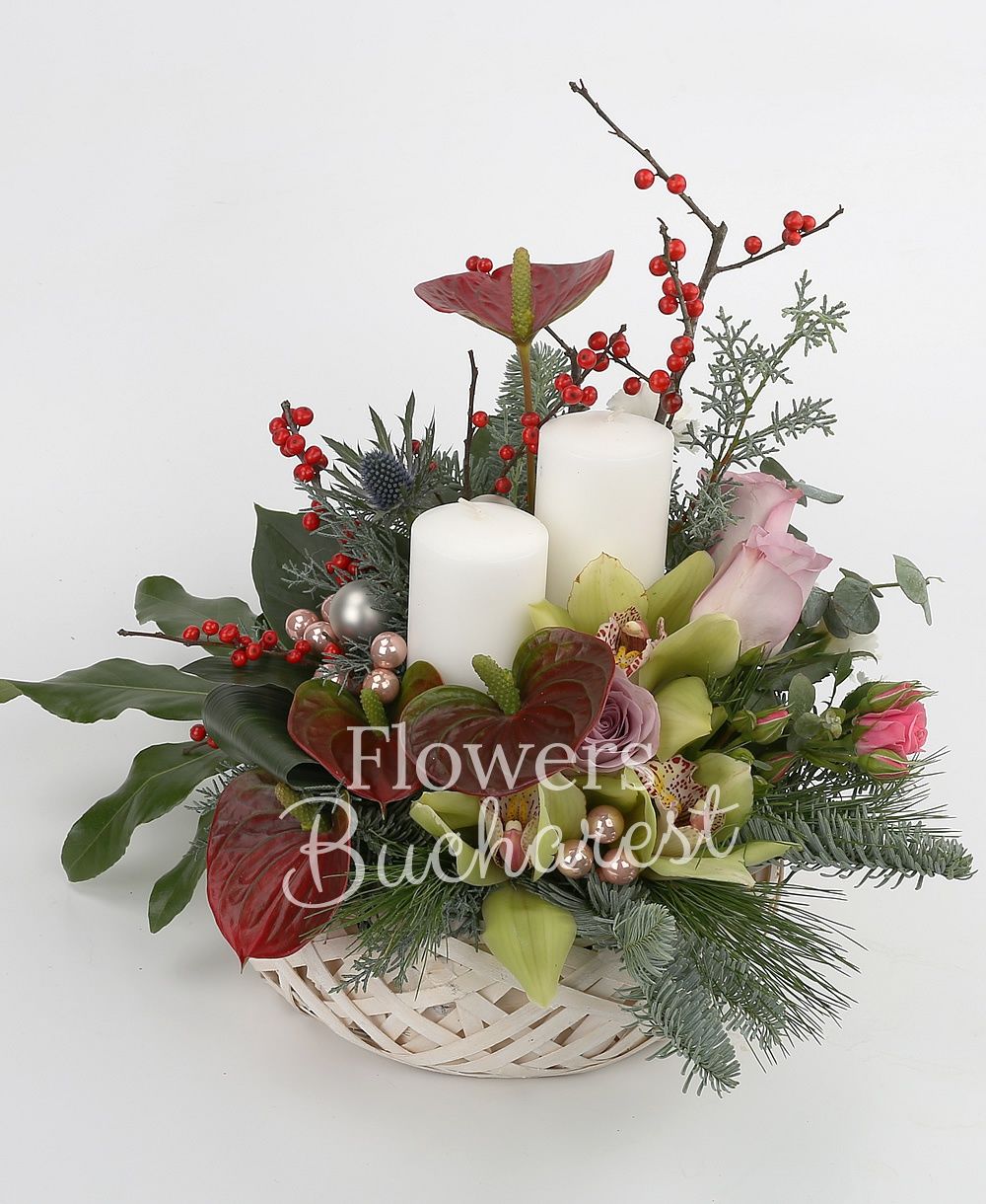 4 anthurium, 3 mauve roses, 1 pink minirose, green cymbidium, eryngium, white lisianthus, ilex, candles, globes, greenery