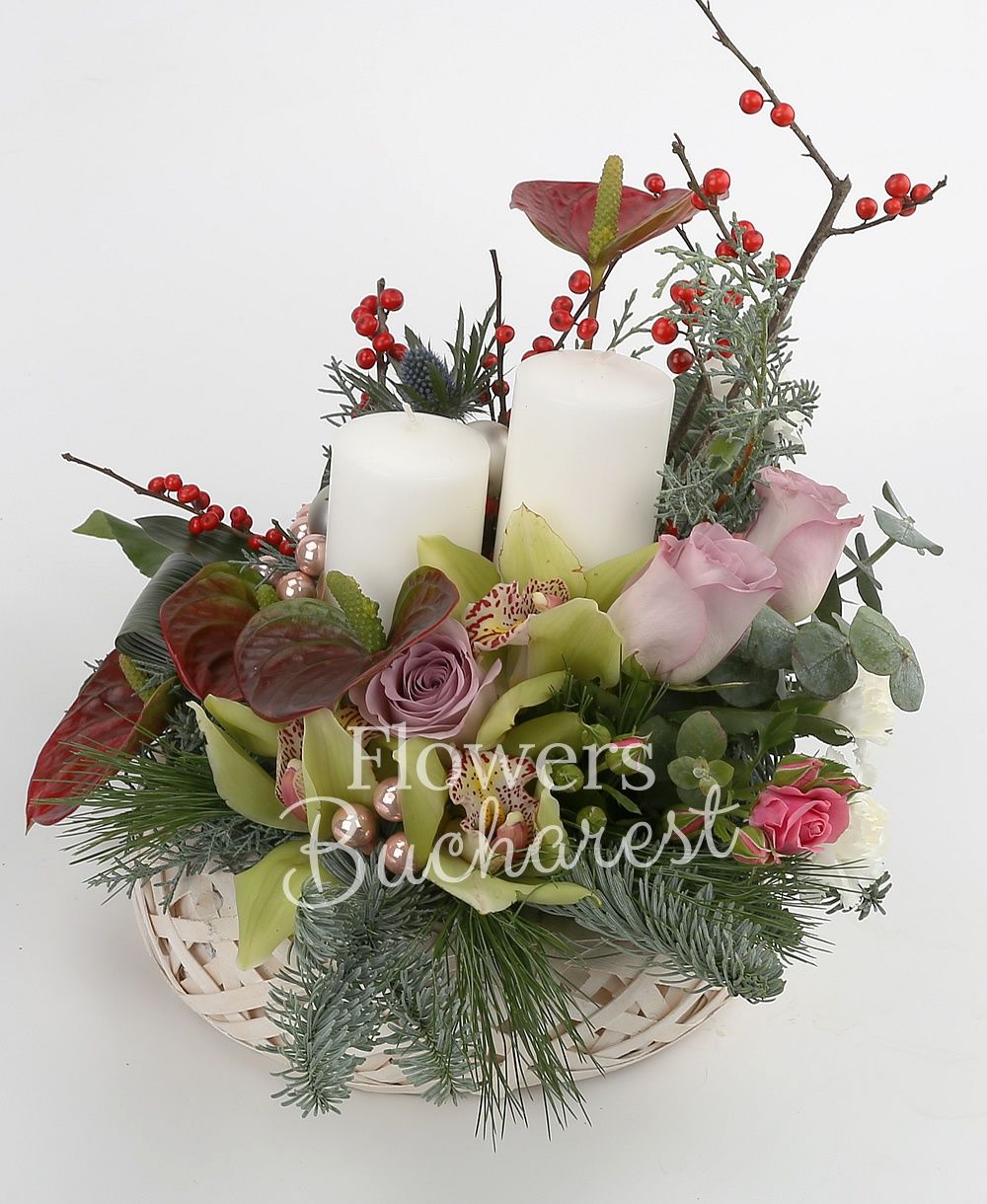 4 anthurium, 3 mauve roses, 1 pink minirose, green cymbidium, eryngium, white lisianthus, ilex, candles, globes, greenery