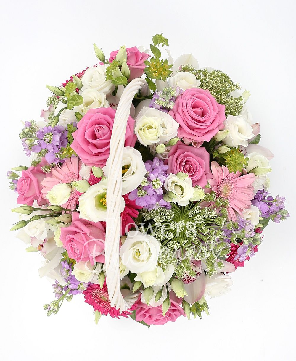 10 mauve matthiola, 10 pink roses, 5 gerbera, 5 lisianthus, white cymbidium, greenery