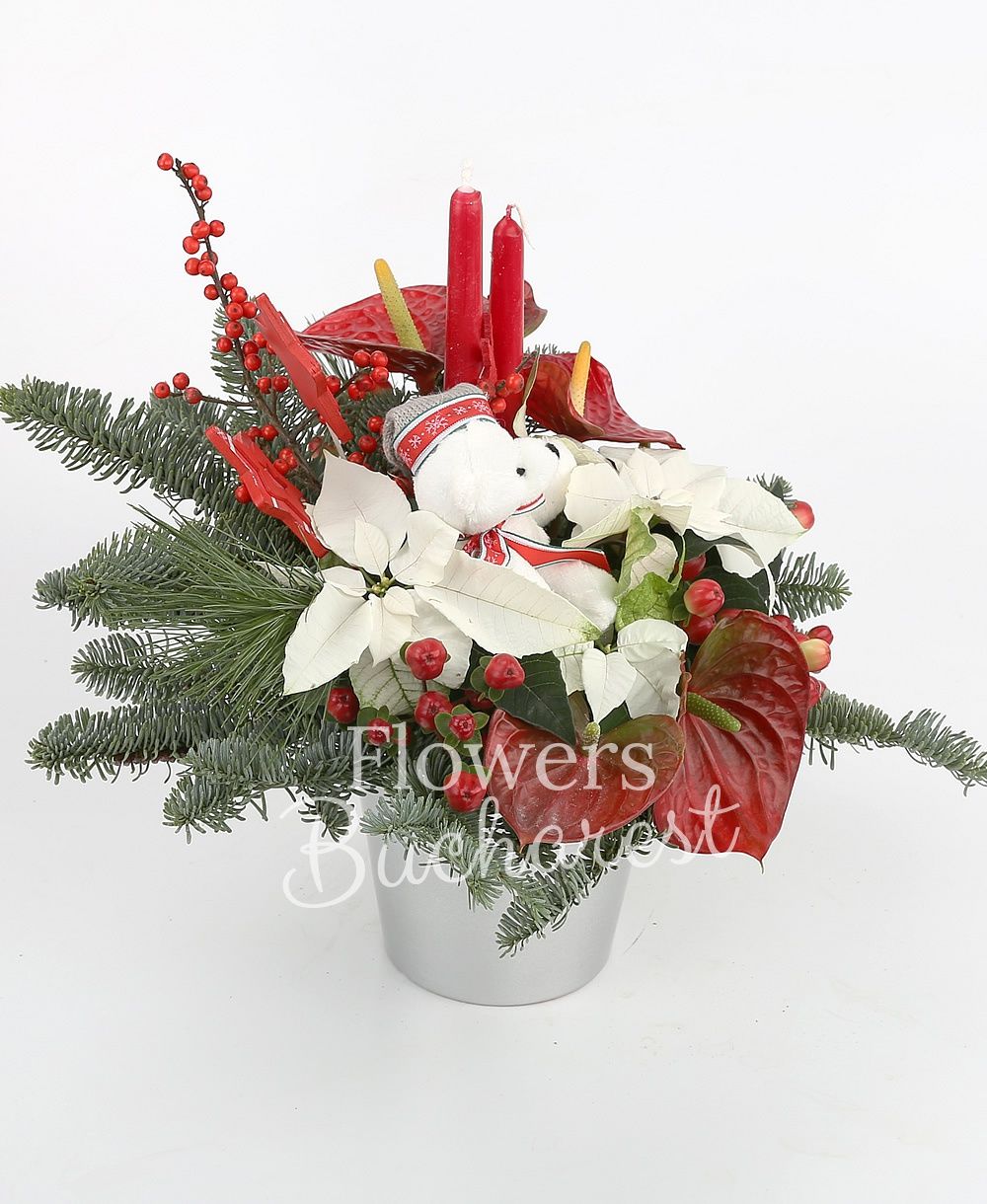 4 red anthurium, 4 hypericum, 3 poisental, greenery