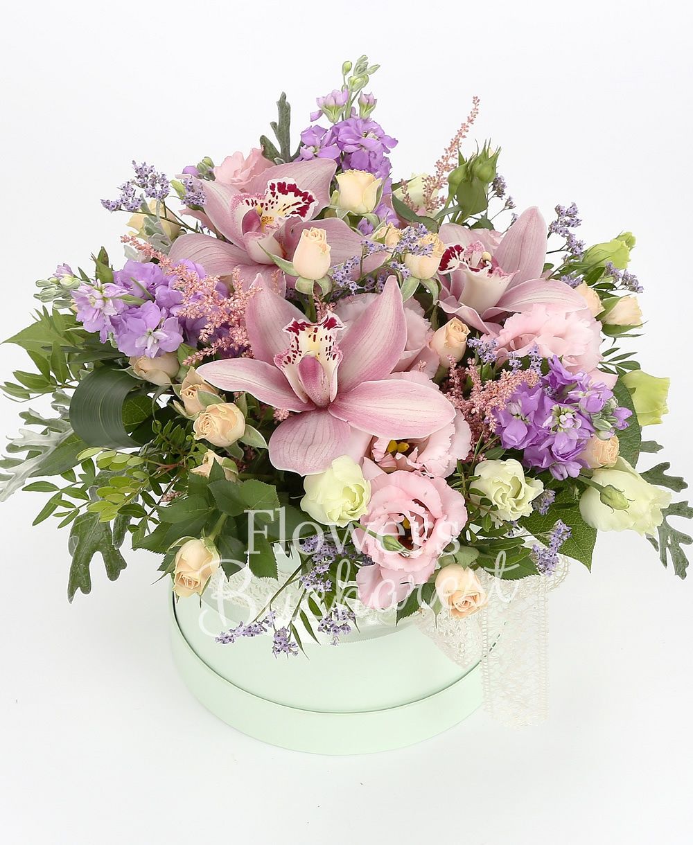 5 matthiola, 5 pink astilbe, 5 cream miniroses, 5 lisianthus, pink cymbidium, greenery