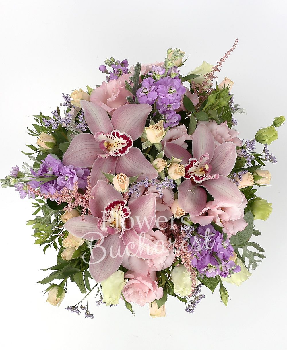 5 matthiola, 5 pink astilbe, 5 cream miniroses, 5 lisianthus, pink cymbidium, greenery