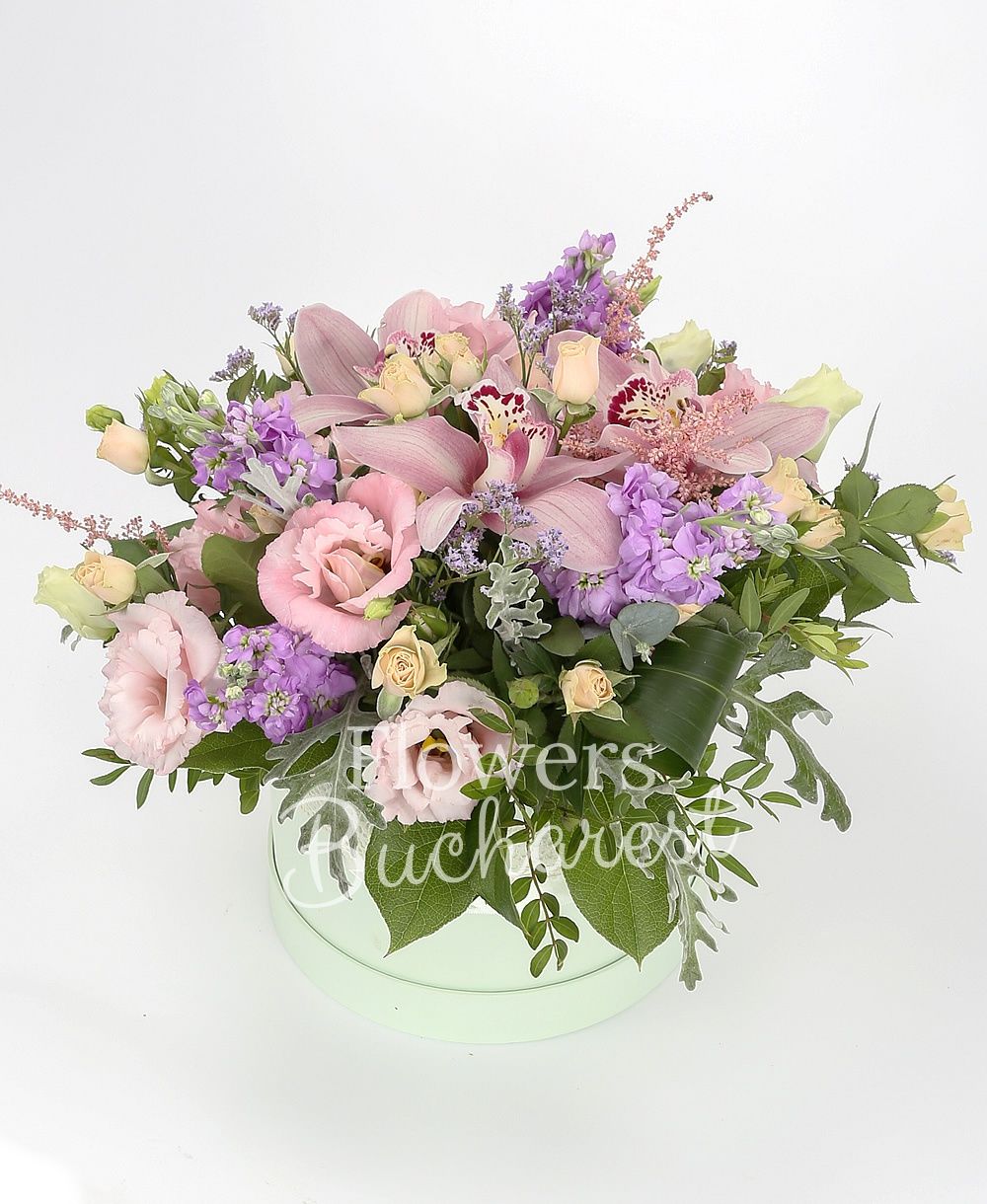 5 matthiola, 5 pink astilbe, 5 cream miniroses, 5 lisianthus, pink cymbidium, greenery