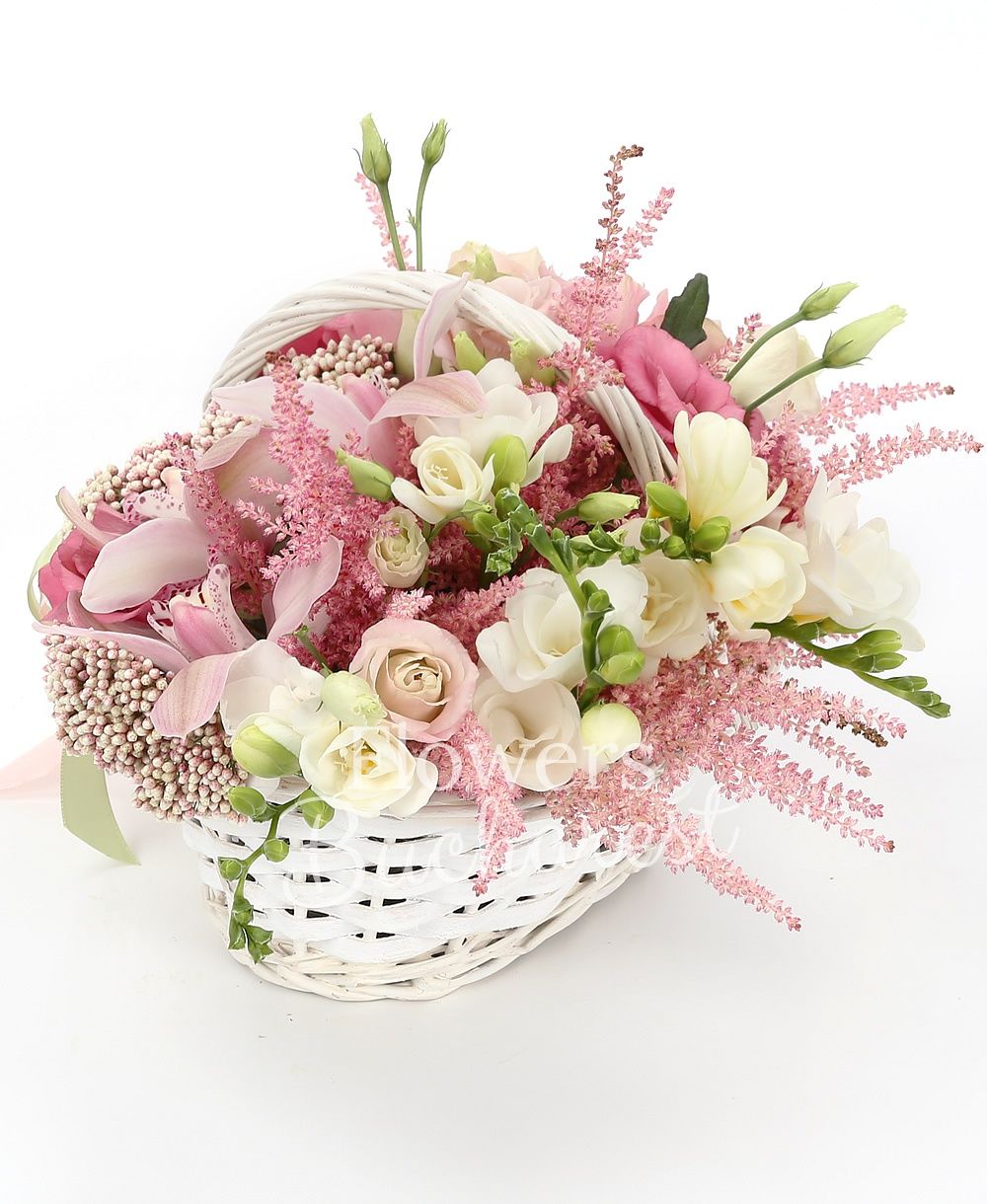 3 cream roses, 2 lisianthus, 2 rice flower, 5 astilbe, 5 white freesias, cymbidium