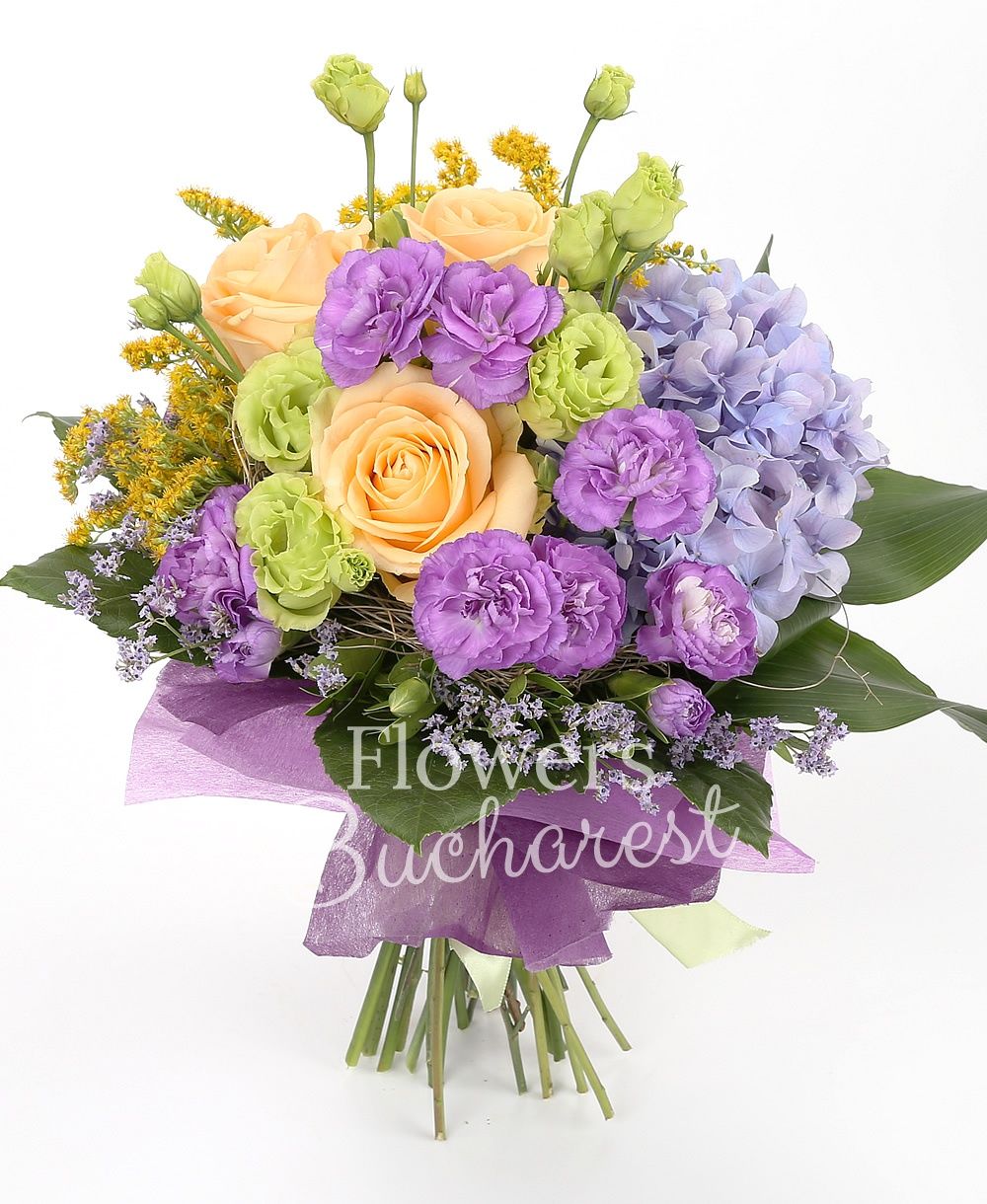 3 peach roses, 3 green lisianthus, blue hydrangea, 5 mauve carnations, 2 solidago, 3 statice, greenery