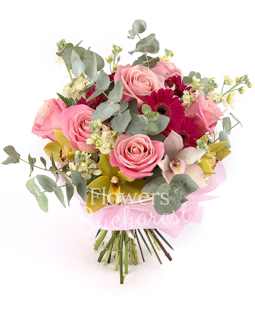 7 pink roses, 10 cream matthiola, 5 cyclam gerbera, white cymbidium, green cymbidium, greenery