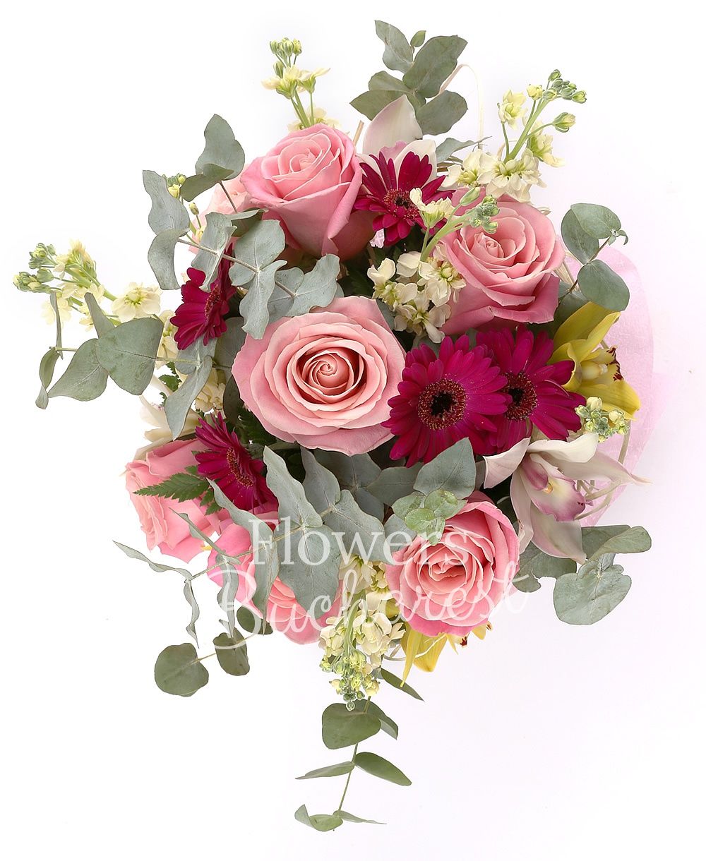 7 pink roses, 10 cream matthiola, 5 cyclam gerbera, white cymbidium, green cymbidium, greenery