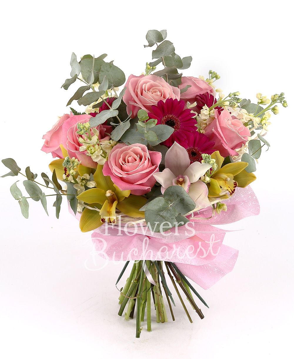 7 pink roses, 10 cream matthiola, 5 cyclam gerbera, white cymbidium, green cymbidium, greenery