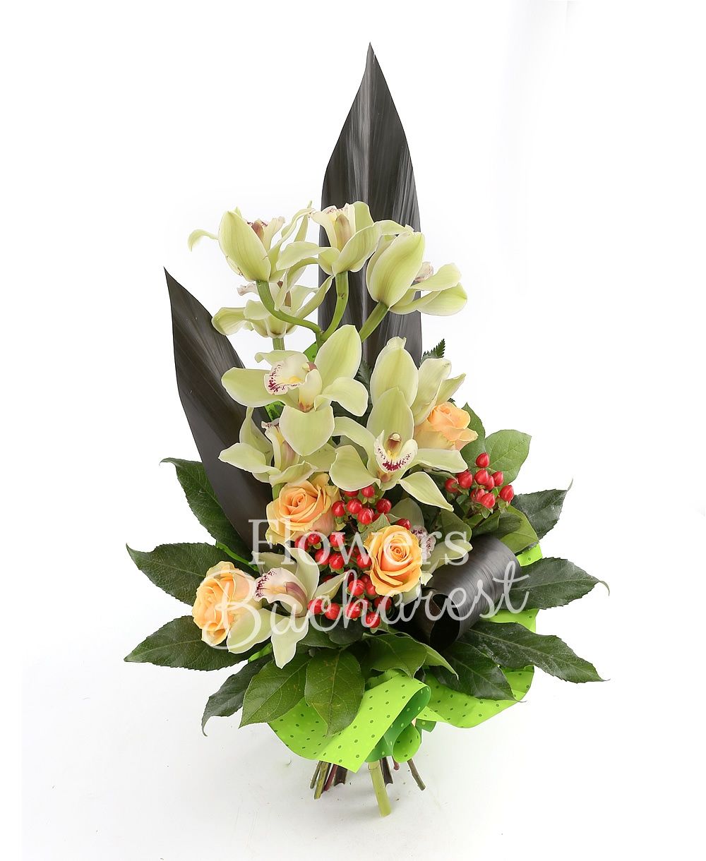 5 cream roses, green cymbidium, 3 red hypericum, greenery