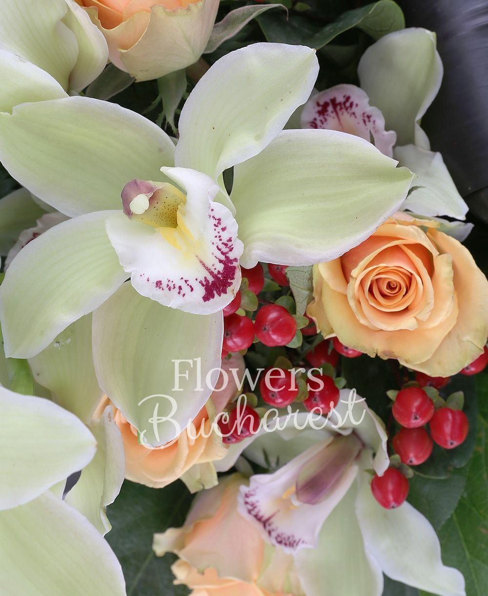 5 cream roses, green cymbidium, 3 red hypericum, greenery