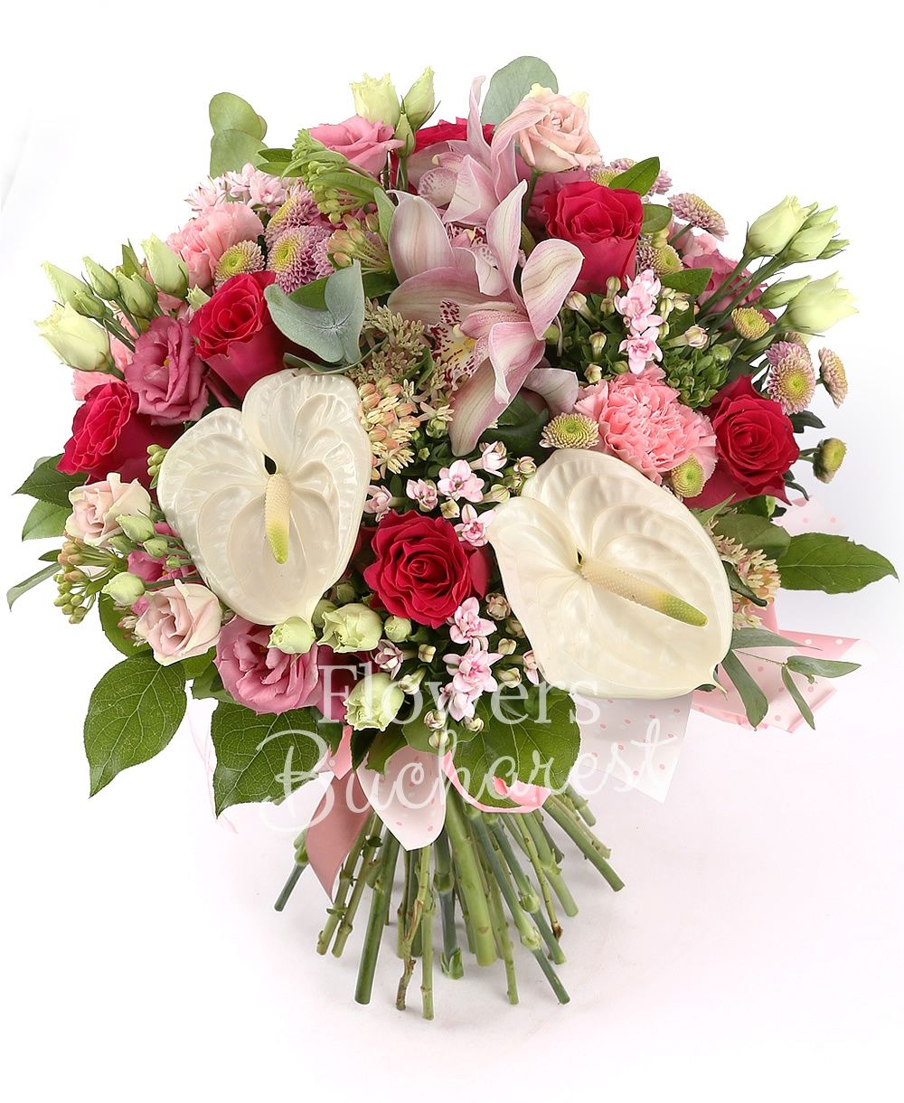 7 red roses, 5 pink bouvardia, 5 pink carnations, 5 pink santini, 2 white anthurium, pink cymbidium, greenery