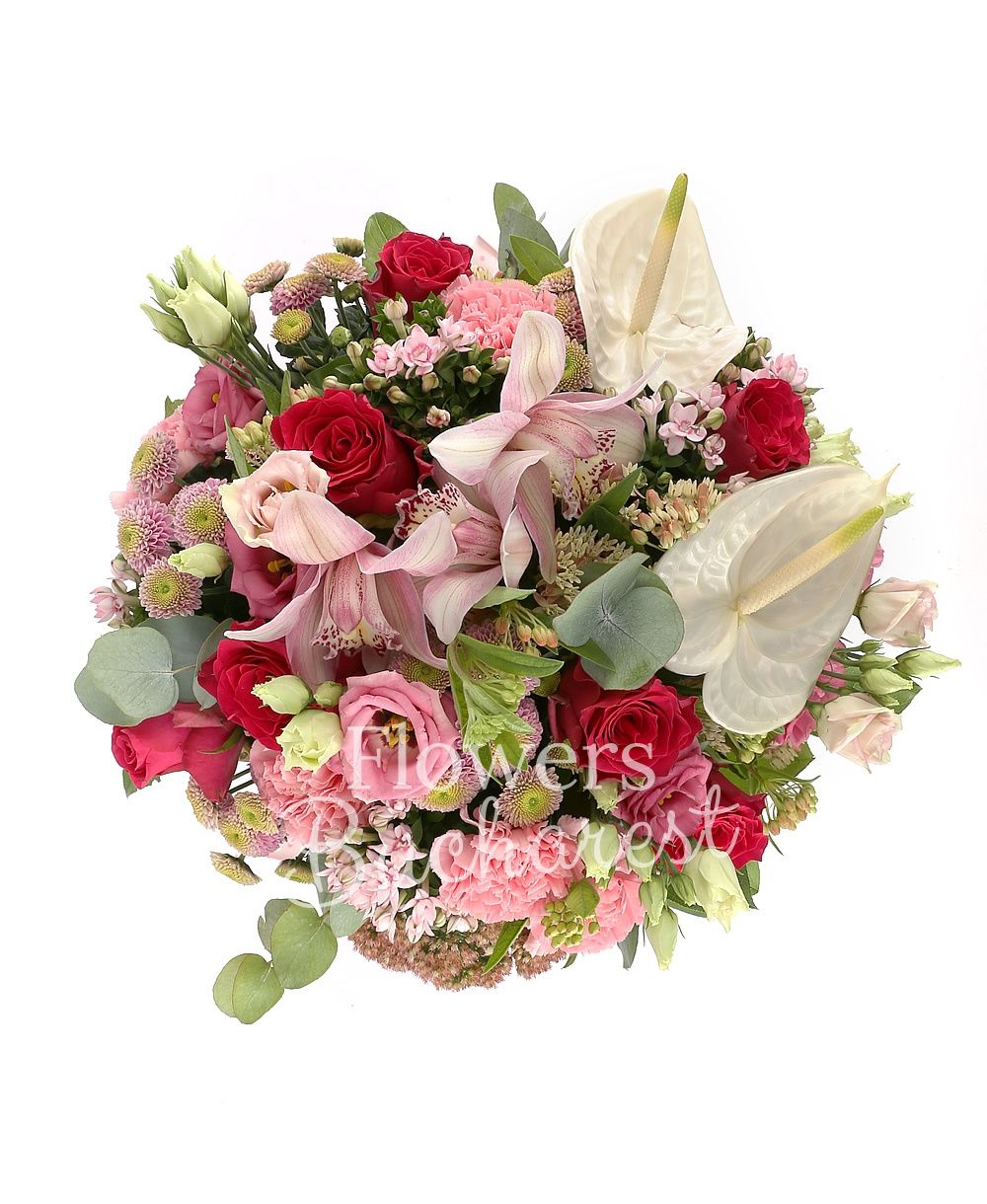 7 red roses, 5 pink bouvardia, 5 pink carnations, 5 pink santini, 2 white anthurium, pink cymbidium, greenery