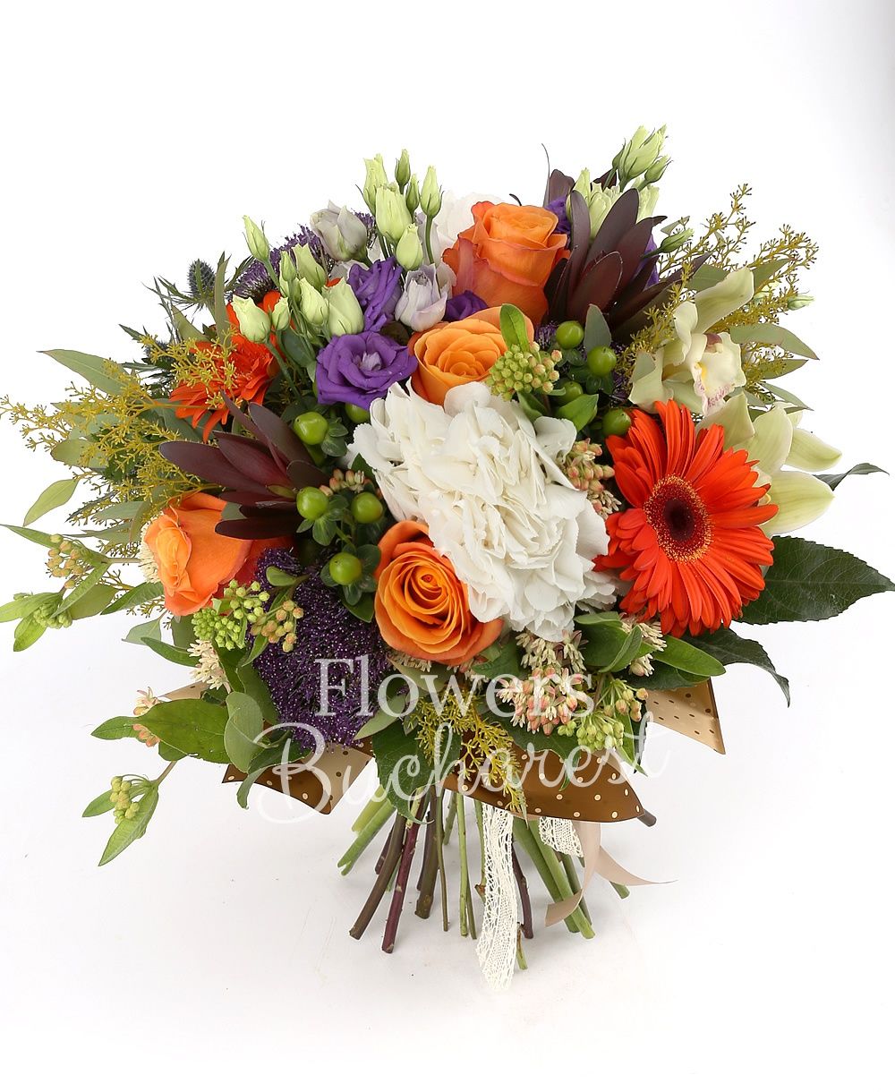 5 orange roses, 3 leucadendrons, 3 orange gerberas, 2 white hydrangeas, 3 purple trachelium, 3 purple lisianthus, 3 green hypericum, 2 eryngium, green cymbidium, greenery