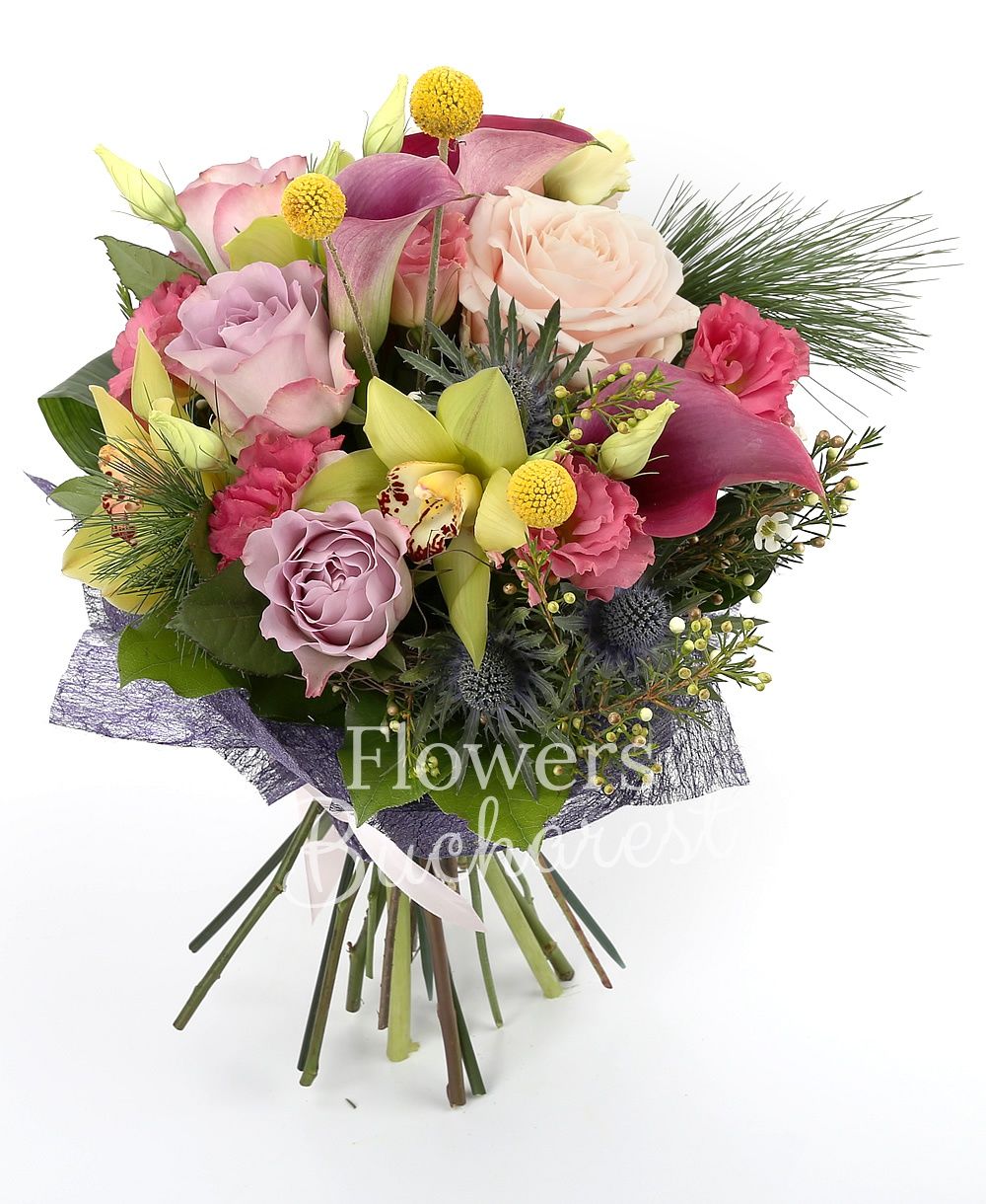 3 purple roses, 2 pink roses, 3 purple cala, 3 pink lisianthus, 2 eryngium, 3 craspedia, green cymbidium, greenery