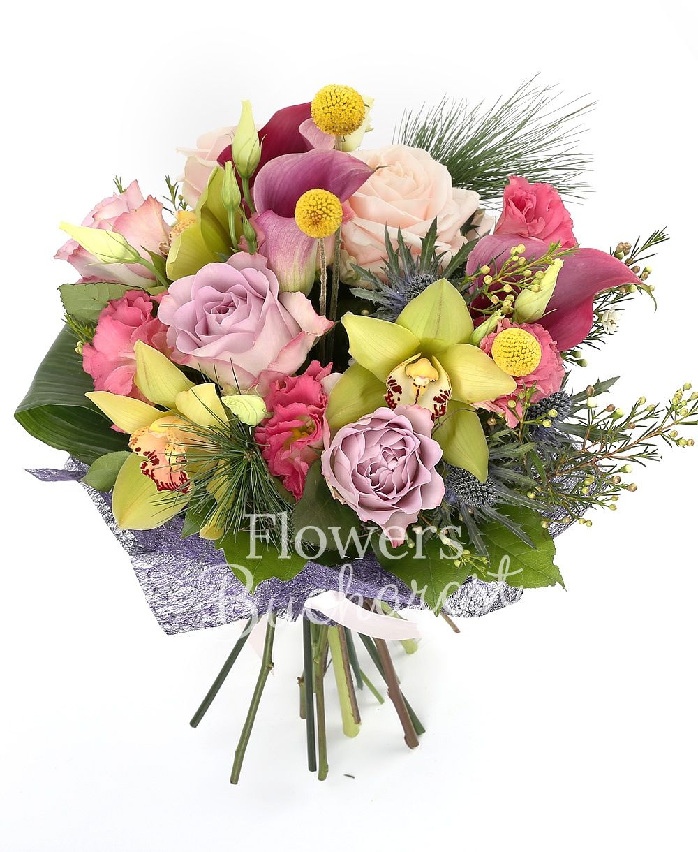 3 purple roses, 2 pink roses, 3 purple cala, 3 pink lisianthus, 2 eryngium, 3 craspedia, green cymbidium, greenery