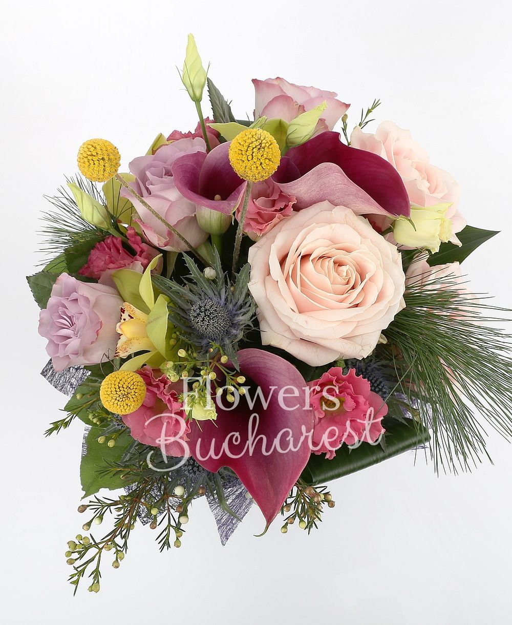 3 purple roses, 2 pink roses, 3 purple cala, 3 pink lisianthus, 2 eryngium, 3 craspedia, green cymbidium, greenery