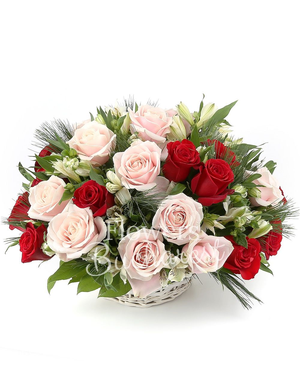 11 red roses, 10 pink roses, 6 white alstroemeria, greenery