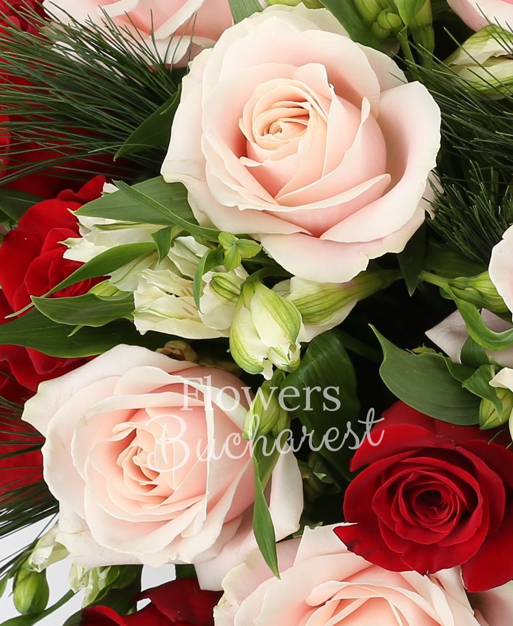 11 red roses, 10 pink roses, 6 white alstroemeria, greenery