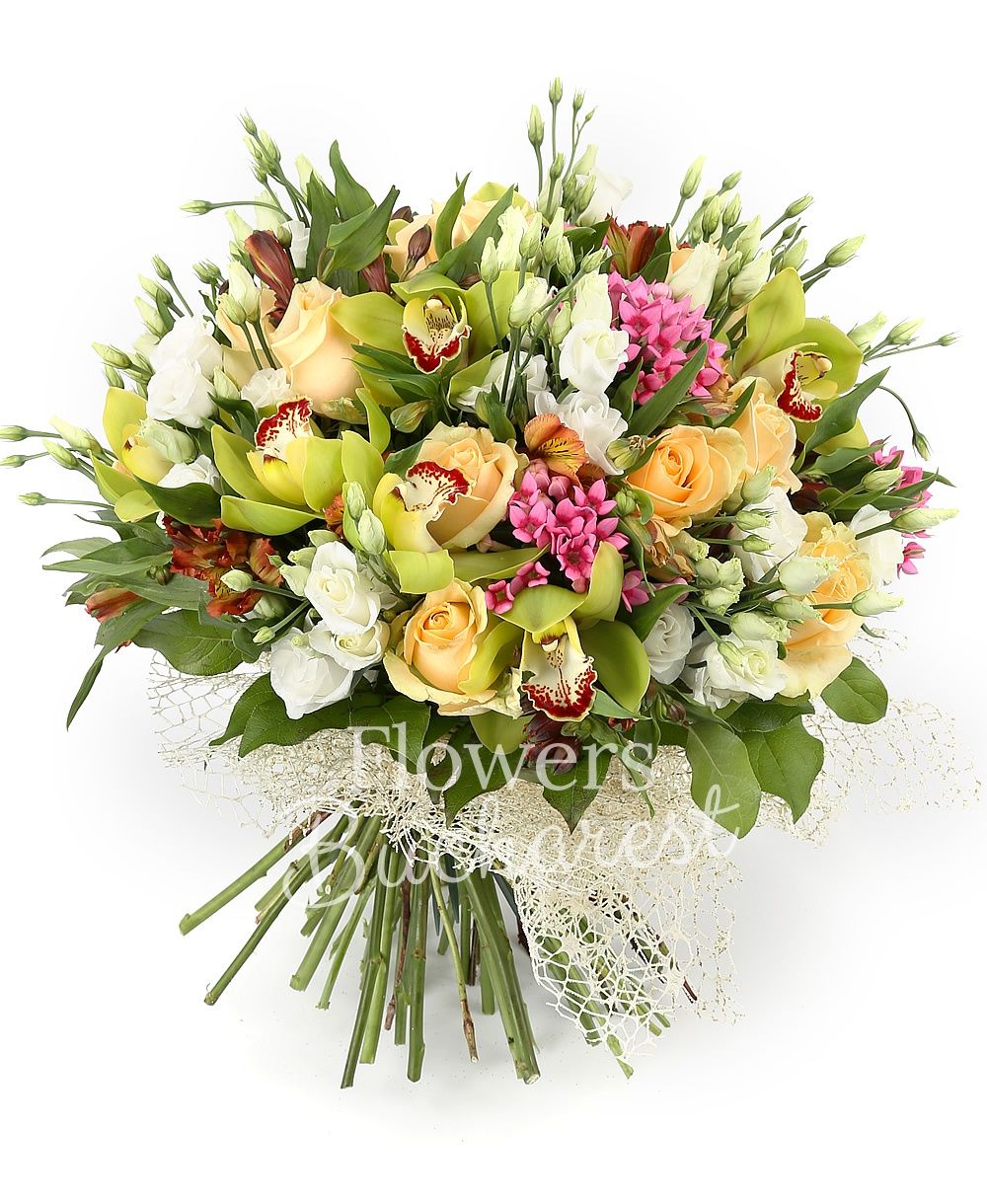 11 banana colour roses, 5 pink bouvardia, 7 white lisianthus, 5 garnet alstroemeria, green cymbidium, greenery