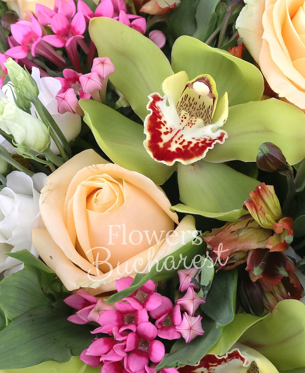 11 banana colour roses, 5 pink bouvardia, 7 white lisianthus, 5 garnet alstroemeria, green cymbidium, greenery