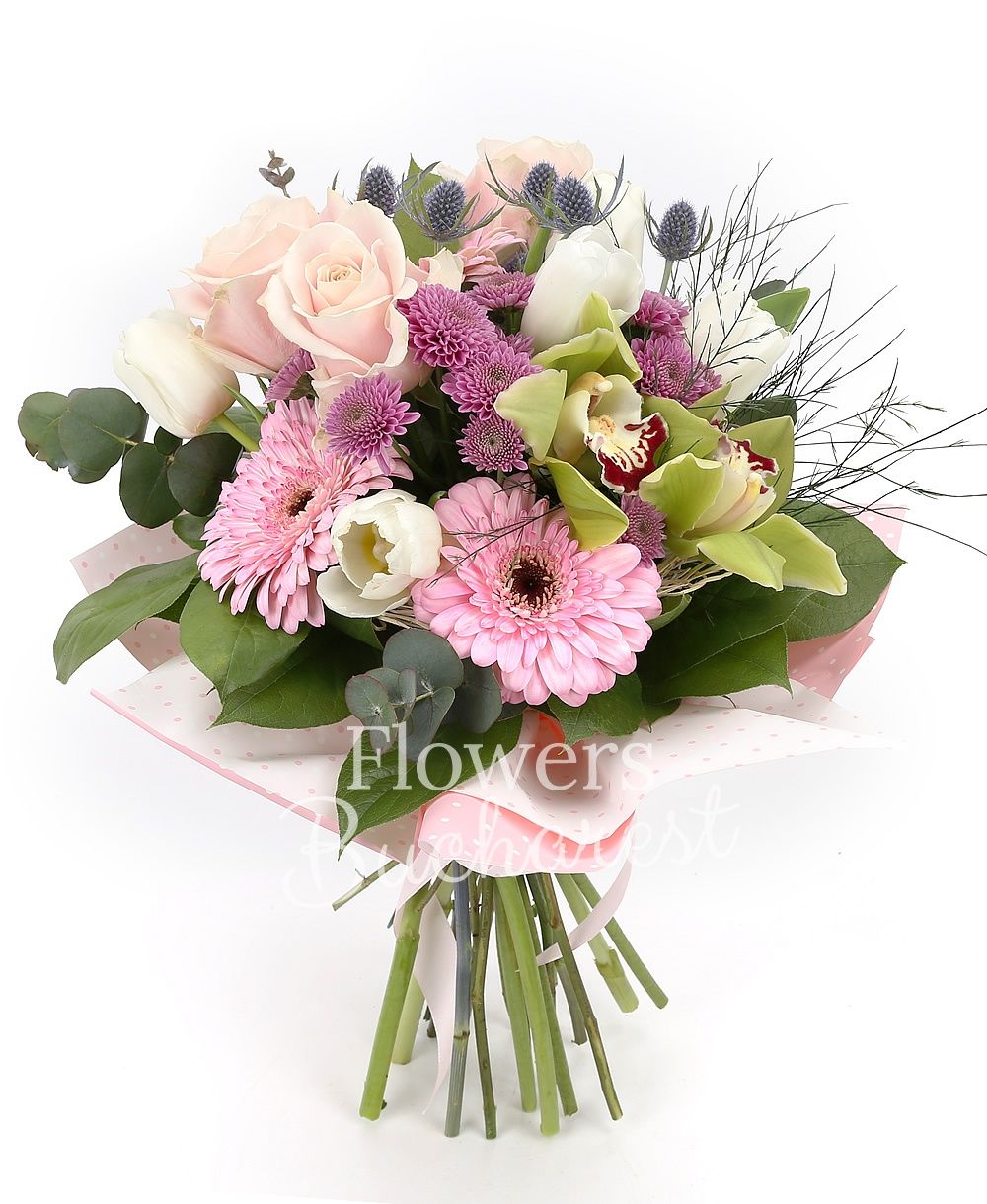 3 pink roses, 2 pink gerbera, 5 white tulips, 2 pink santini, 2 eryngium, green cymbidium, greenery