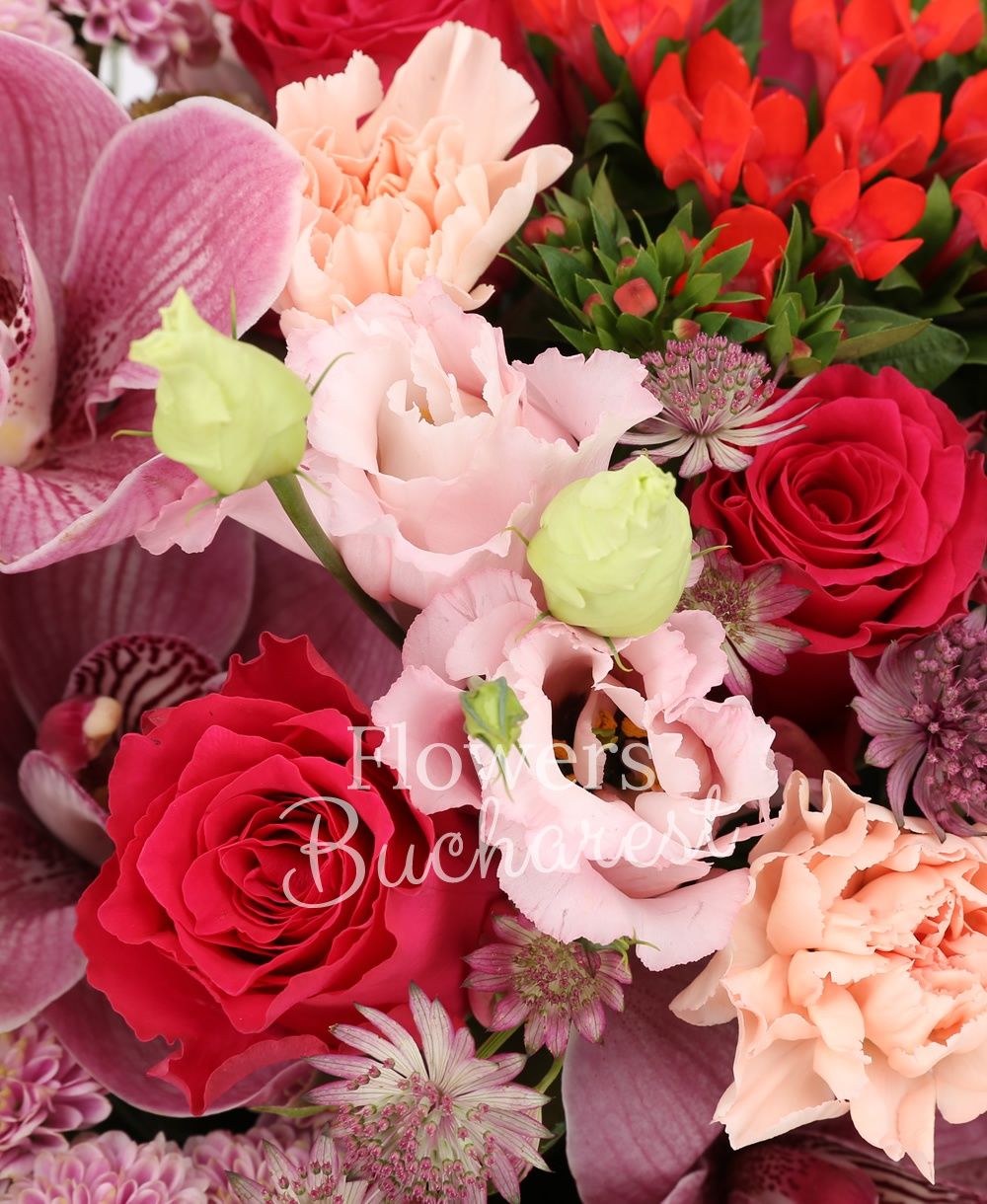 5 cyclam roses, 5 pink santini, 5 red bouvardia, 5 pink lisianthus, 5 pink carnations, garnet cymbidium, 2 green anthurium, greenery