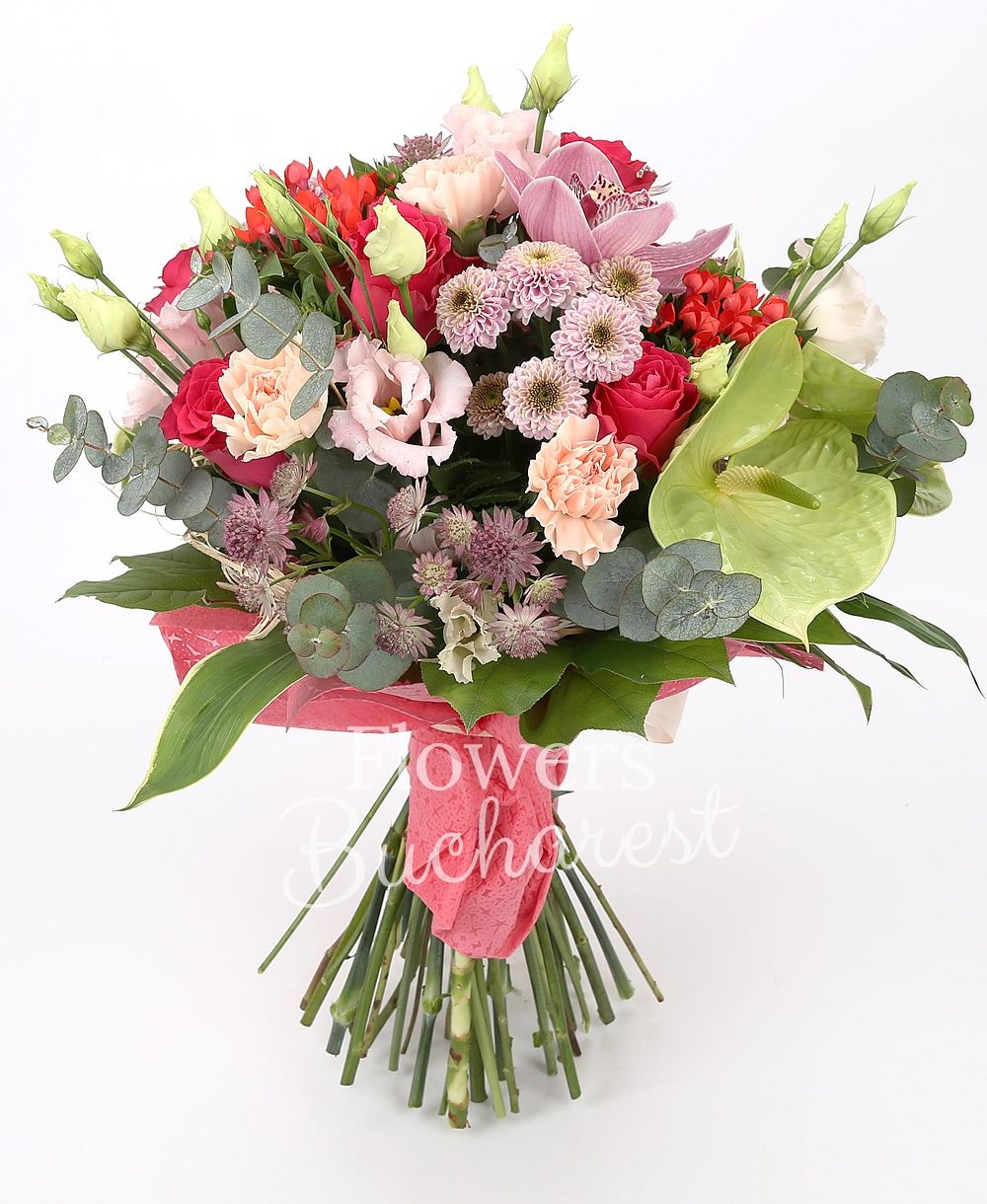 5 cyclam roses, 5 pink santini, 5 red bouvardia, 5 pink lisianthus, 5 pink carnations, garnet cymbidium, 2 green anthurium, greenery