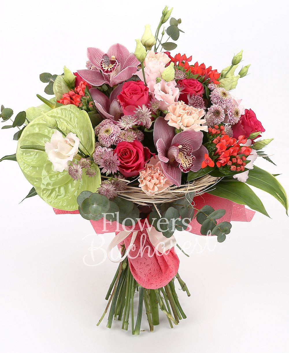 5 cyclam roses, 5 pink santini, 5 red bouvardia, 5 pink lisianthus, 5 pink carnations, garnet cymbidium, 2 green anthurium, greenery