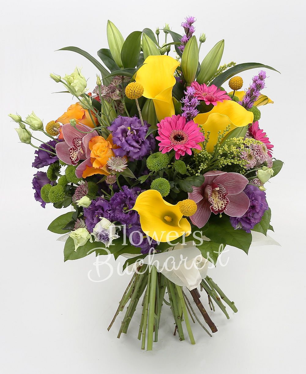 1 white lily, 3 orange roses, 5 yellow cala, 3 cyclam gerbera, 3 green santini, 3 mauve santini, 3 liatris, 3 pink santini, 3 craspedia, cymbidium, 2 solidago, grena astranția, greenery