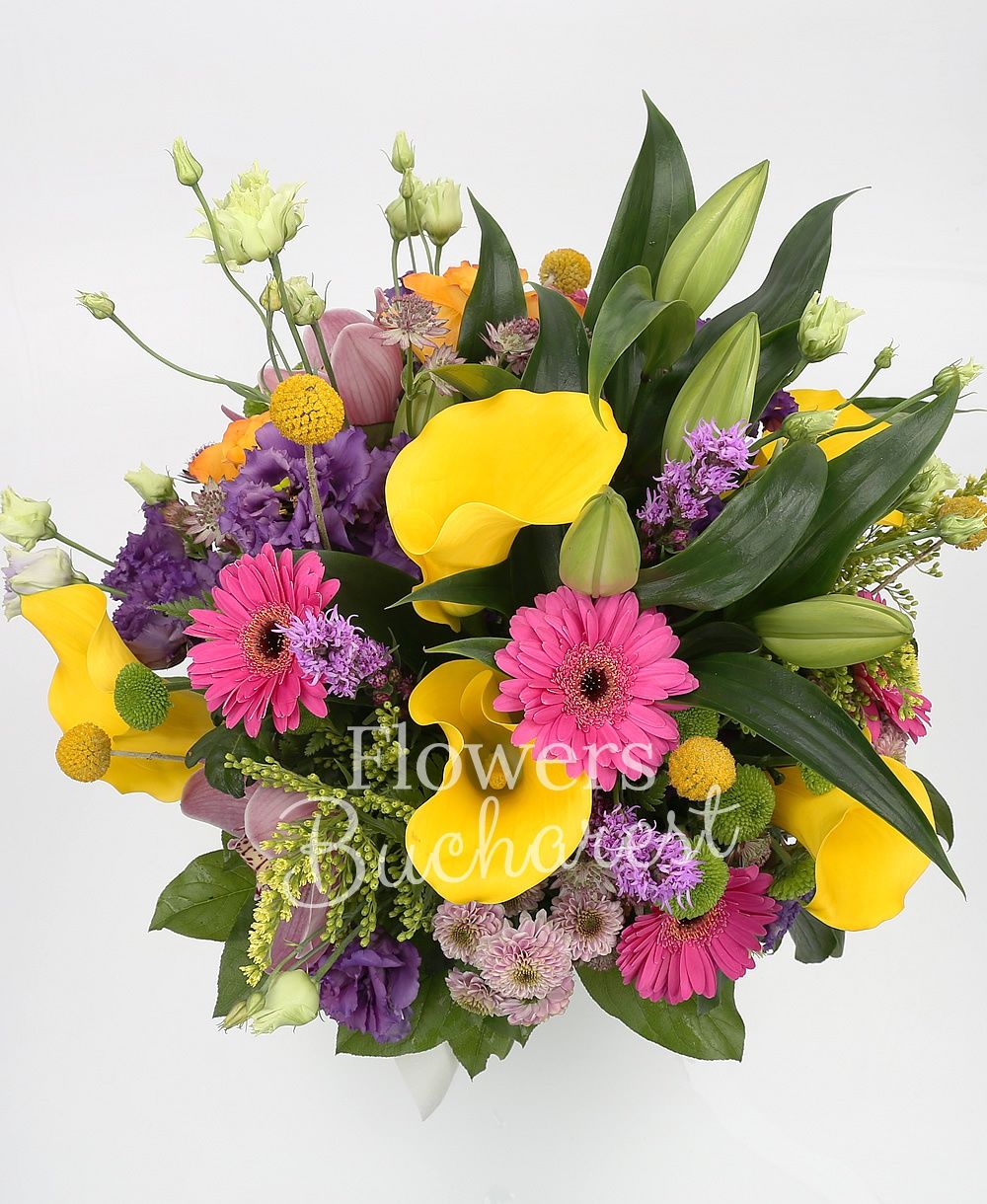 1 white lily, 3 orange roses, 5 yellow cala, 3 cyclam gerbera, 3 green santini, 3 mauve santini, 3 liatris, 3 pink santini, 3 craspedia, cymbidium, 2 solidago, grena astranția, greenery