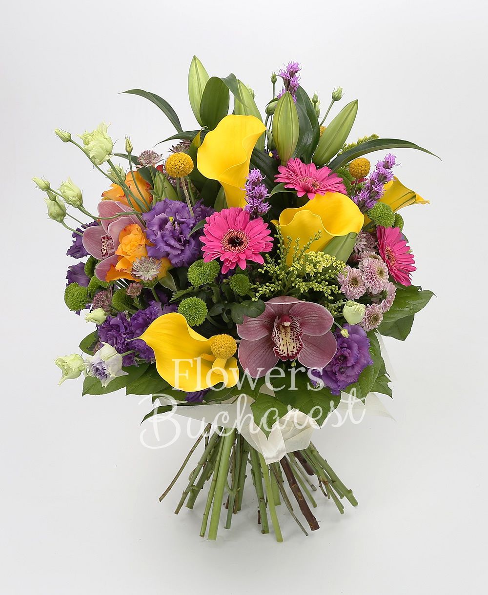 1 white lily, 3 orange roses, 5 yellow cala, 3 cyclam gerbera, 3 green santini, 3 mauve santini, 3 liatris, 3 pink santini, 3 craspedia, cymbidium, 2 solidago, grena astranția, greenery