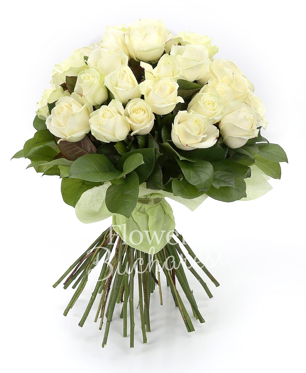 45 white roses, greenery