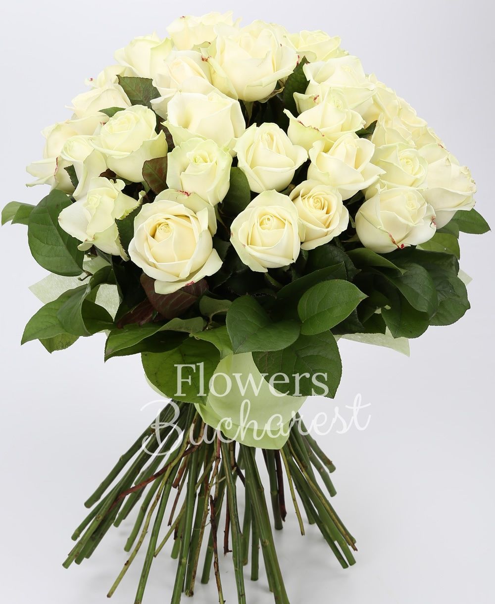 45 white roses, greenery