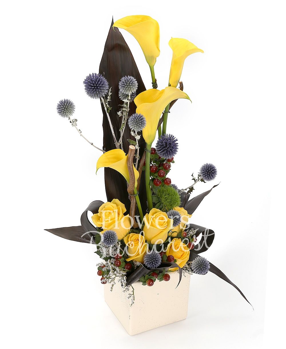 5 yellow roses, 4 yellow cala, 3 hypericum, 2 grey dianthus, greenery