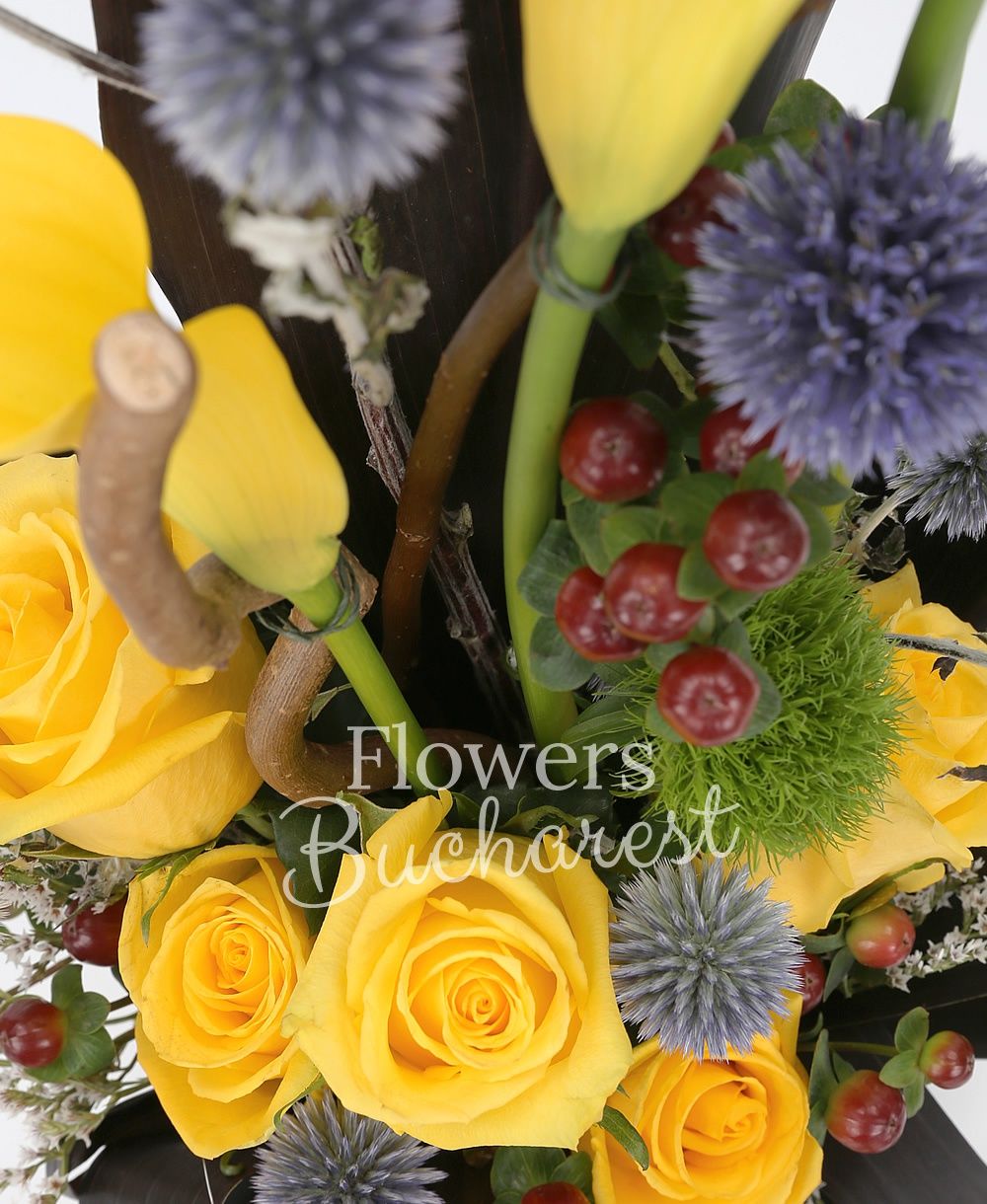 5 yellow roses, 4 yellow cala, 3 hypericum, 2 grey dianthus, greenery