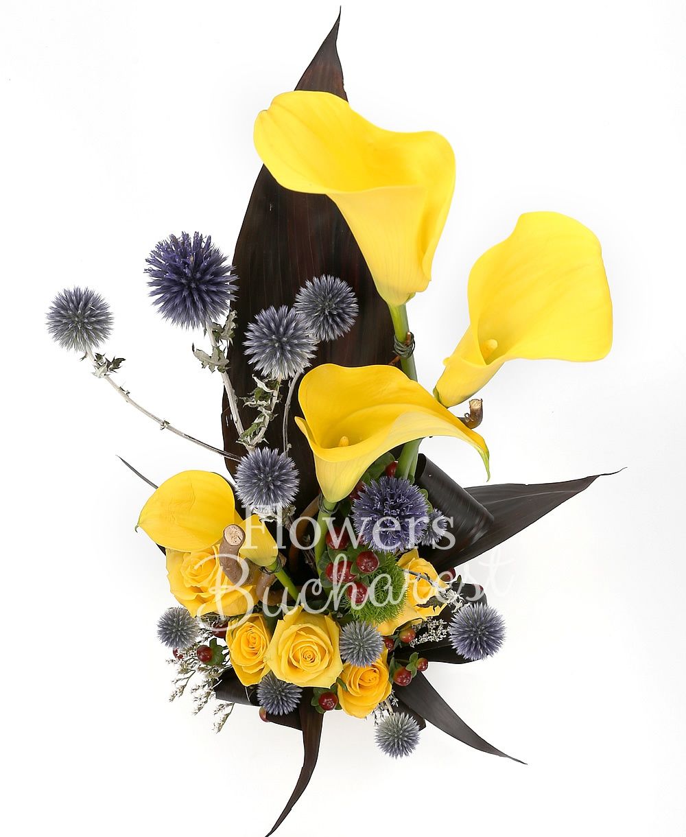 5 yellow roses, 4 yellow cala, 3 hypericum, 2 grey dianthus, greenery
