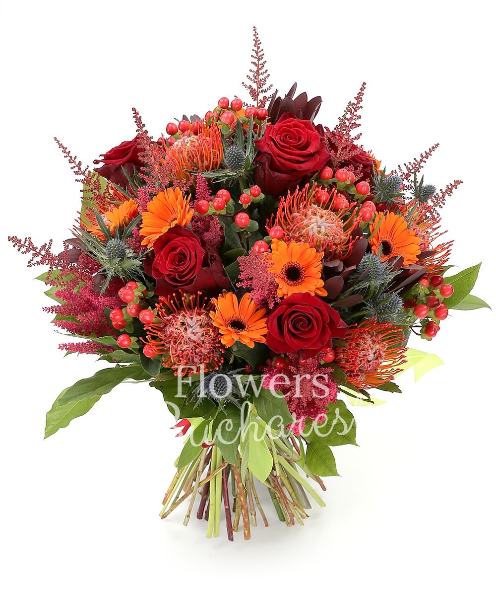 7 red roses, 5 leucospermum, 7 orange gerbera, 4 eryngium, 7 red hypericum, 8 garnet astilbe, 7 leucadendron, greenery