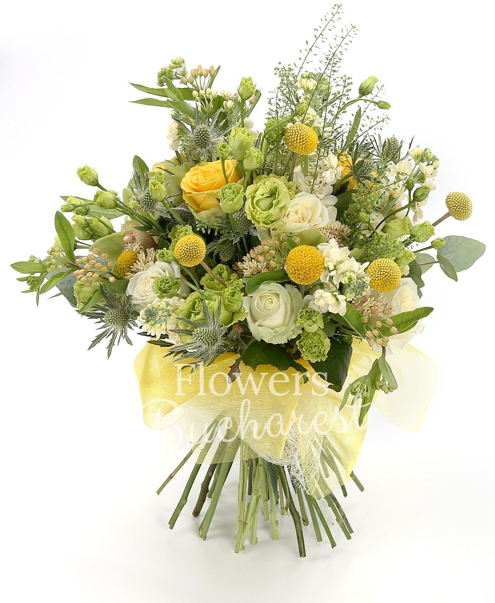 5 yellow craspedia, 3 white roses, 3 yellow roses, 5 green lisianthus, 5 white matthiola, 3 eryngium, green cymbidium, greenery