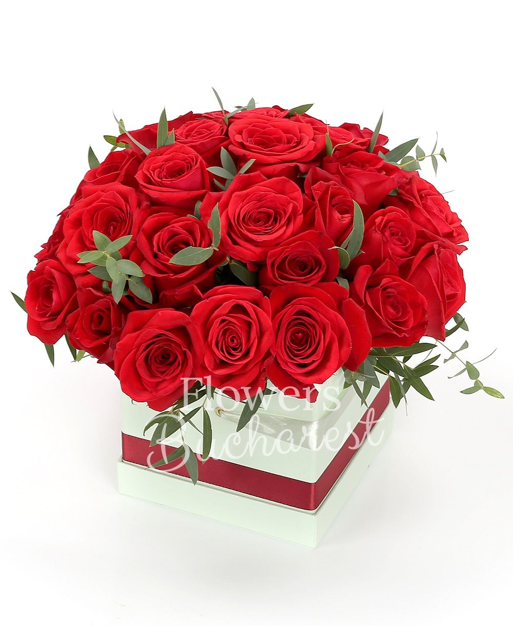 31 red roses, greenery