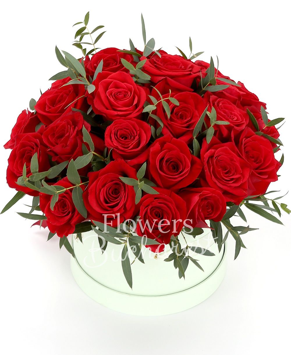 39 red roses, greenery