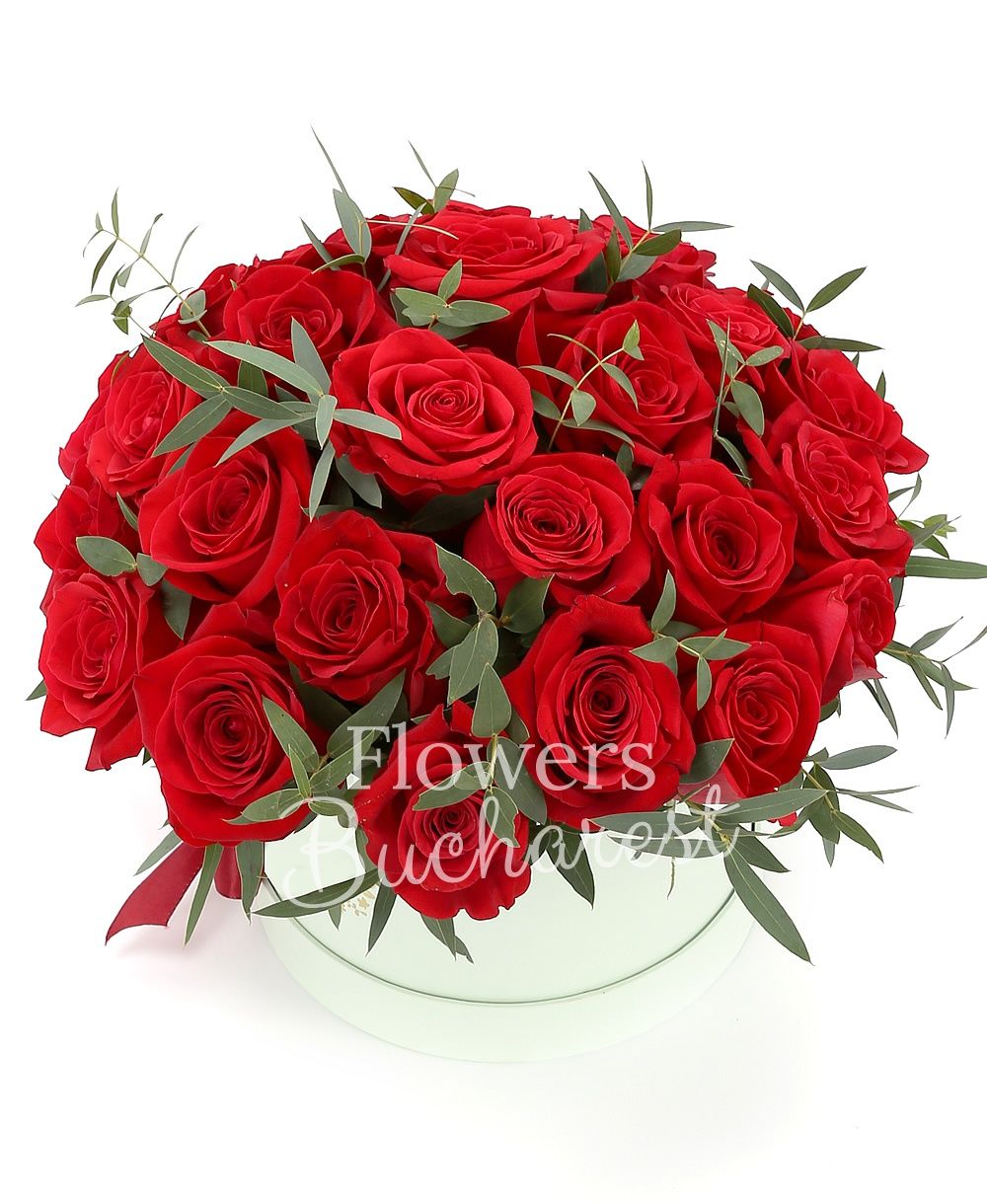 39 red roses, greenery
