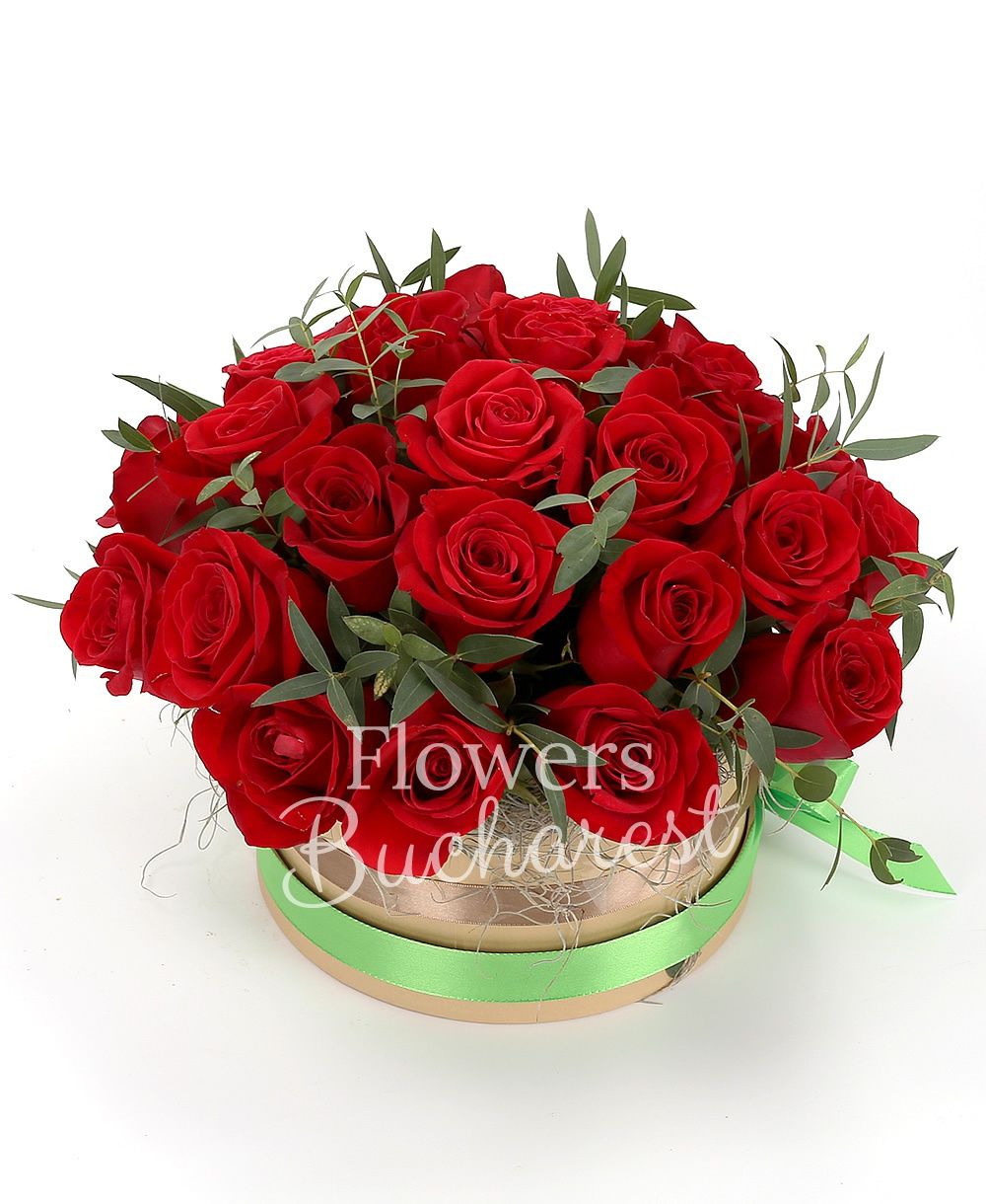 35 red roses, greenery