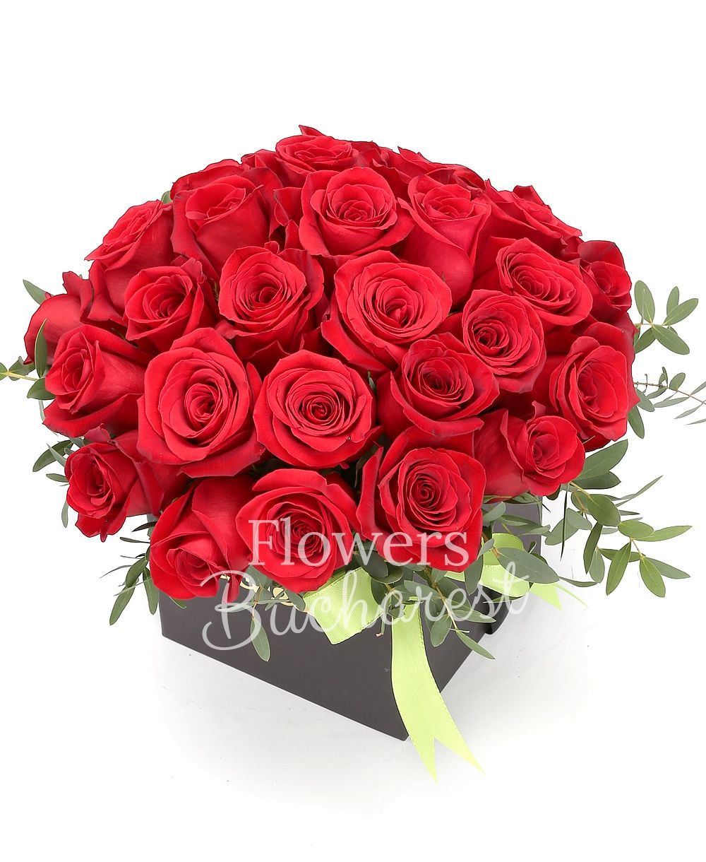 37 red roses, greenery