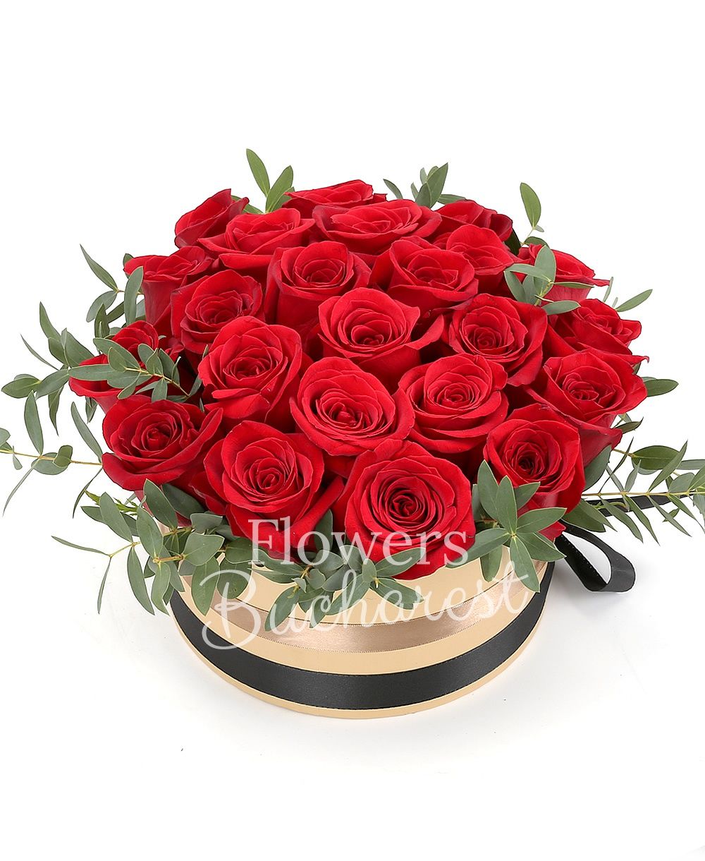 21 red roses, greenery