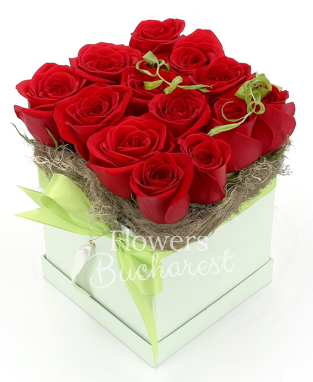 13 red roses, greenery