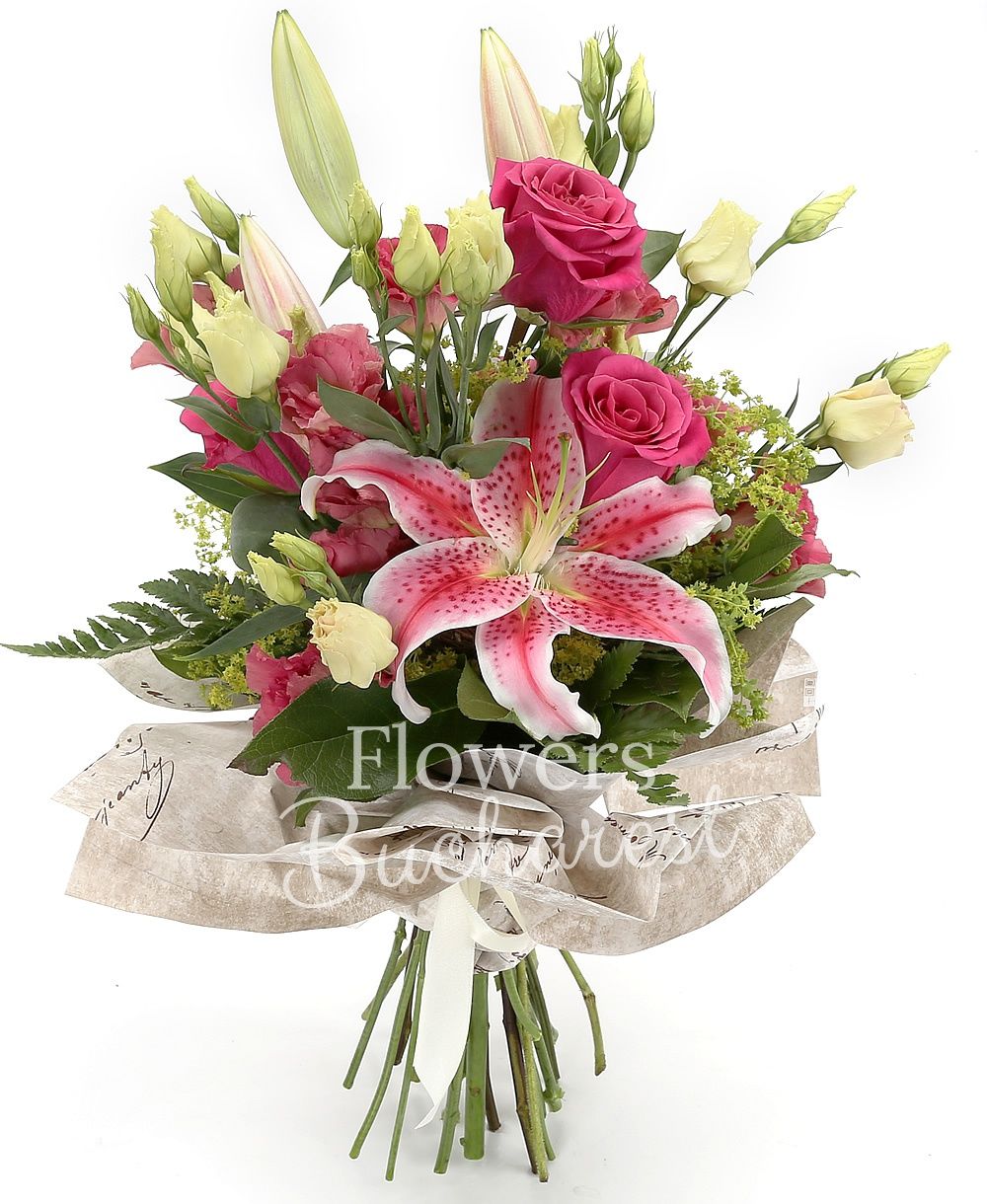 3 pink roses, 3 pink lisianthus, 1 lily, greenery