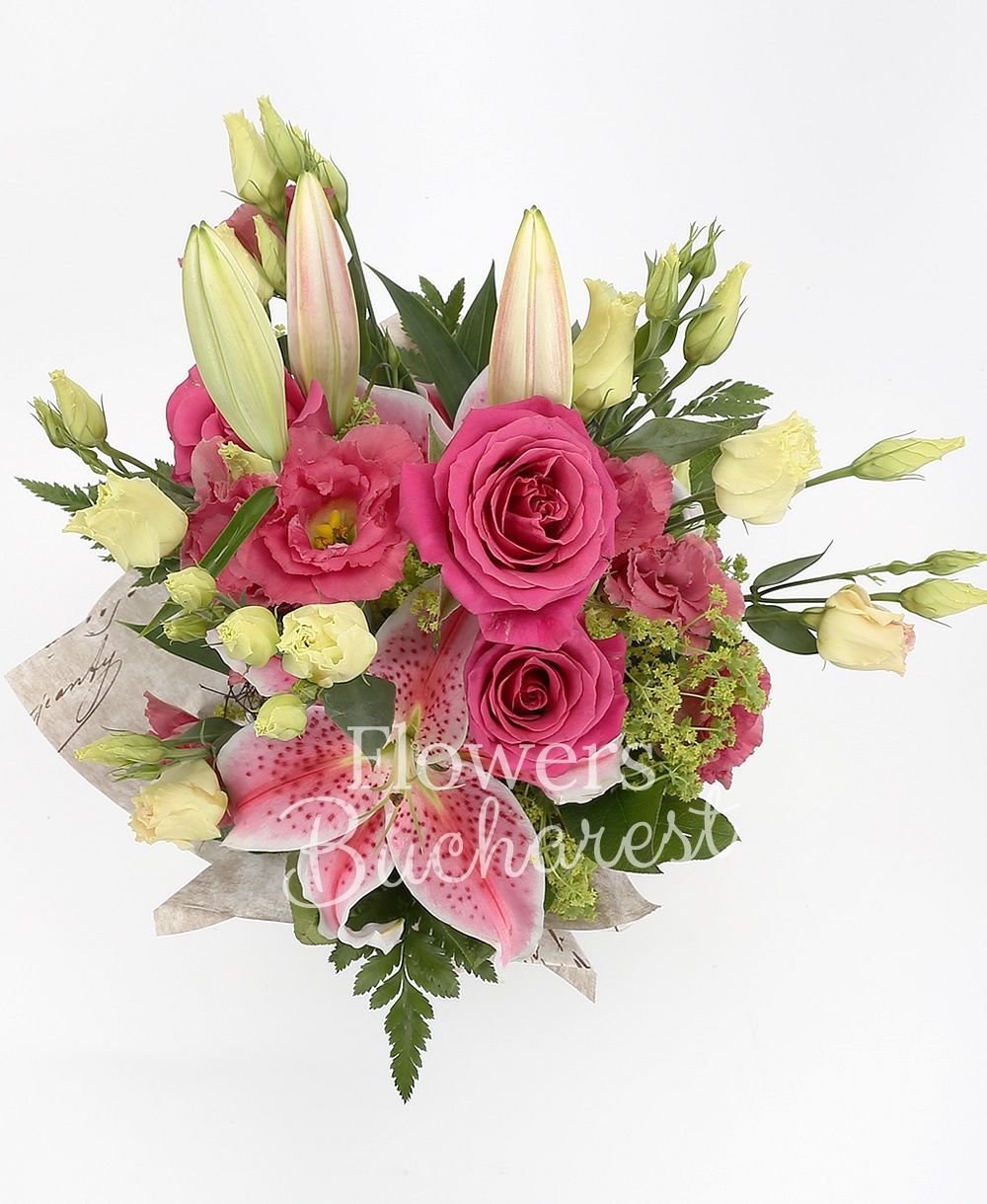 3 pink roses, 3 pink lisianthus, 1 lily, greenery