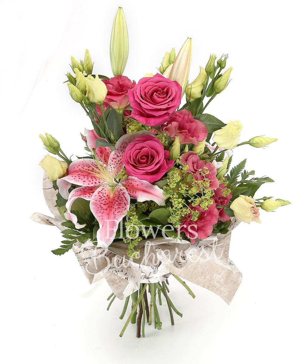 3 pink roses, 3 pink lisianthus, 1 lily, greenery